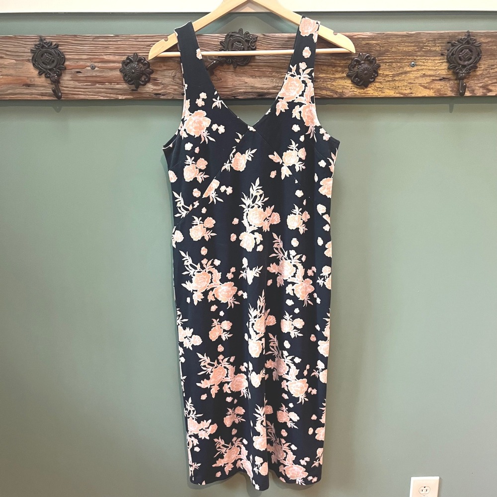 Pact Organic Cotton Floral V-Neck Midi Tank Dress Black Tan Large